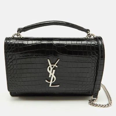 Pre-owned Saint Laurent Black Croc Embossed Leather Sunset Wallet On Chain