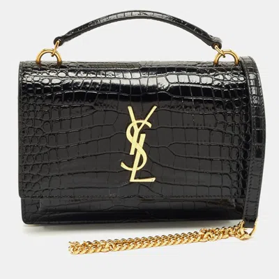 Pre-owned Saint Laurent Black Croc Embossed Leather Sunset Wallet On Chain