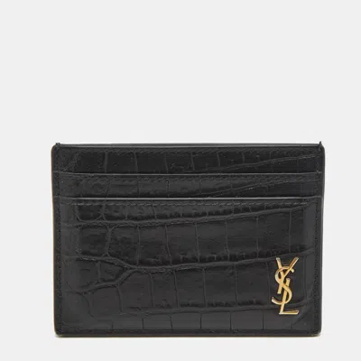 Pre-owned Saint Laurent Black Croc Embossed Leather Tiny Cassandre Card Holder