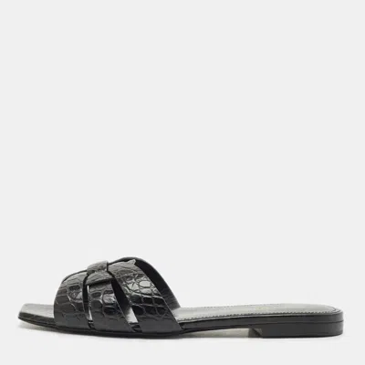 Pre-owned Saint Laurent Black Croc Embossed Leather Tribute Flat Slides Size 36.5