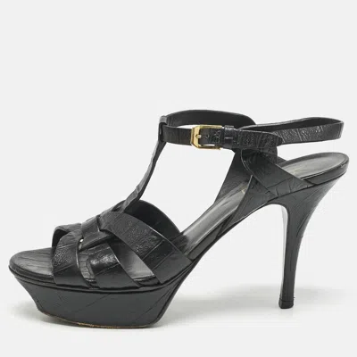Pre-owned Saint Laurent Black Croc Embossed Leather Tribute Platform Sandals Size 37.5