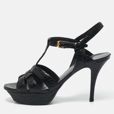 Pre-owned Saint Laurent Black Croc Embossed Leather Tribute Platform Sandals Size 38.5