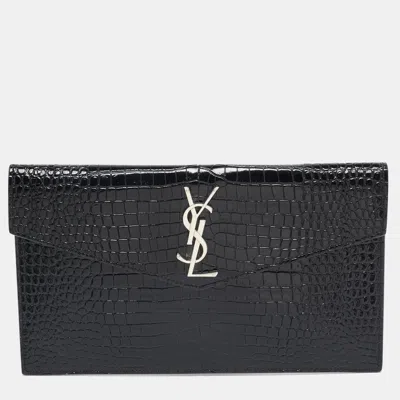 Pre-owned Saint Laurent Black Croc Embossed Leather Uptown Clutch