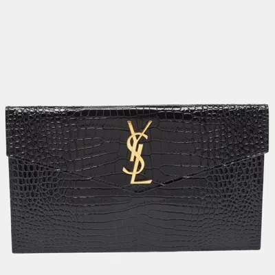 Pre-owned Saint Laurent Black Croc Embossed Leather Uptown Pouch