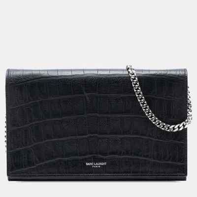 Pre-owned Saint Laurent Black Croc Embossed Leather Wallet On Chain