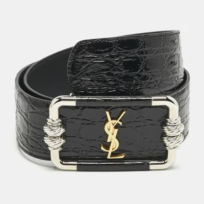 Pre-owned Saint Laurent Black Croc Embossed Patent Leather Logo Square Buckle Belt 70cm