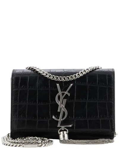 Pre-owned Saint Laurent Black Croc-embossed Calfskin Leather Tassel Kate, Never Carried  (authentic Pre-loved)