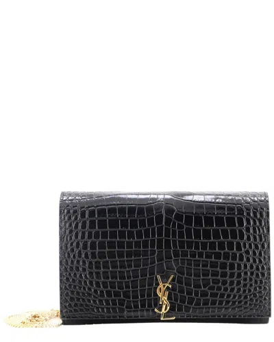 Pre-owned Saint Laurent Black Croc-embossed Leather Classic Monogram Flap Chain Wallet  (authentic Pre-loved)