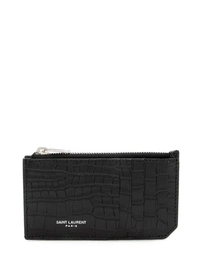 Pre-owned Saint Laurent Black Croc-embossed Leather Fragments Zipper Card Case  (authentic Pre-loved)