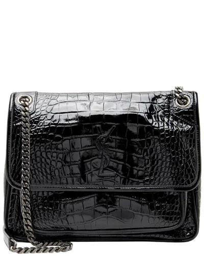 Pre-owned Saint Laurent Black Croc-embossed Patent Leather & Leather Niki Medium  Shoulder Bag (authentic Pre-