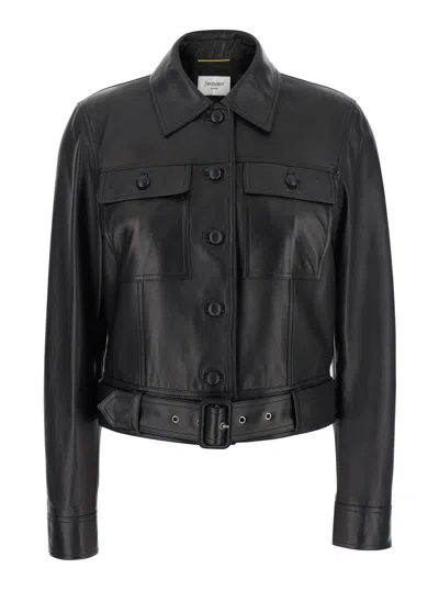 Saint Laurent Leather Cropped Jacket In Black