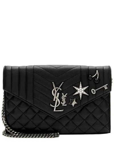 Pre-owned Saint Laurent Black Crystal, Gemstone, Leather Matelassé Wallet On Chain  (authentic Pre-loved)