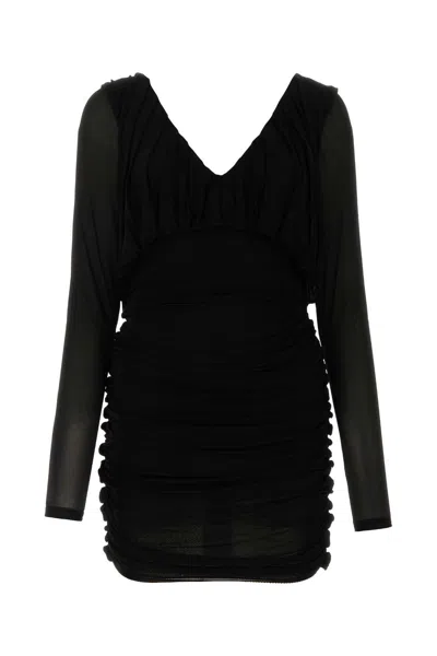Saint Laurent Fitted Mini Dress With V-neck And Ruched Sheer Sleeves In Black