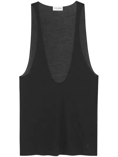 SAINT LAURENT BLACK DEEP NECKLINE JERSEY TOP
