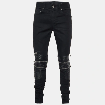 Pre-owned Saint Laurent Black Denim & Leather Skinny Biker Jeans Xxl/waist 37"