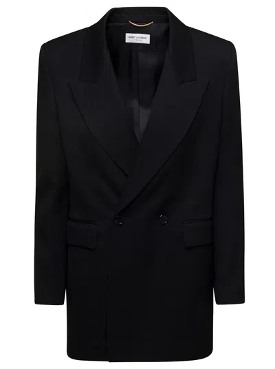 Saint Laurent Black Double-breasted Blazer In Wool Woman In Multicolor
