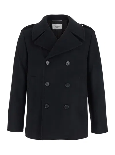 SAINT LAURENT BLACK DOUBLE-BREASTED COAT WITH WIDE NOTCHED REVERS IN WOOL MAN