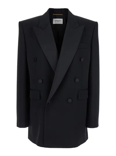Saint Laurent Black Double-breasted Jacket With Peak Revers And Double Vent On The Rear In Wool Woma