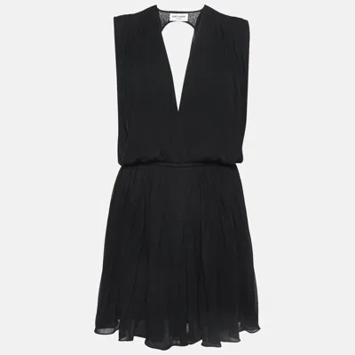 Pre-owned Saint Laurent Black Draped Jersey Deep Neck Mini Dress L