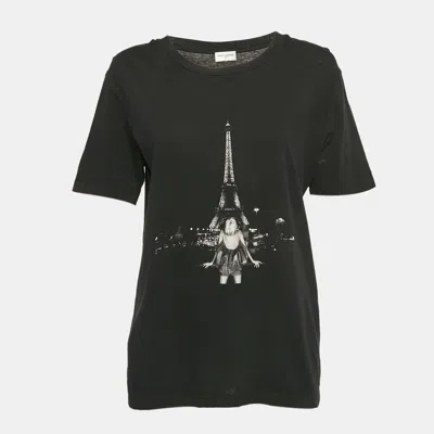 Pre-owned Saint Laurent Black Eiffel Tower Print Jersey T-shirt Xs