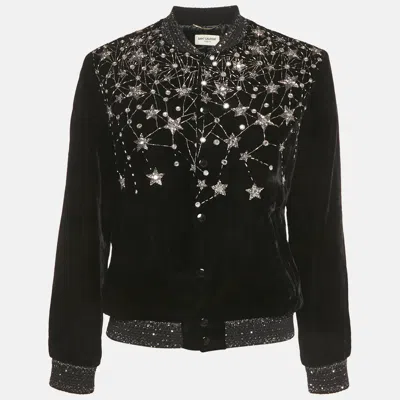 Saint Laurent Black Embellished Velvet Bomber Jacket S