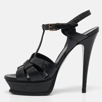 Pre-owned Saint Laurent Black Embossed Leather Tribute Platform Sandals Size 38
