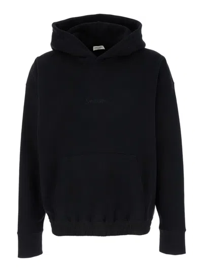 SAINT LAURENT BLACK EMBROIDERED LOGO HOODIE