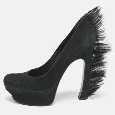 Pre-owned Saint Laurent Black Fur And Suede Platform Pumps Size 39