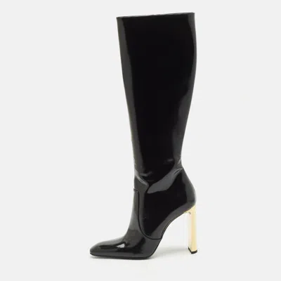 Pre-owned Saint Laurent Black Glazed Leather Auteuil Knee Length Boots Size 40