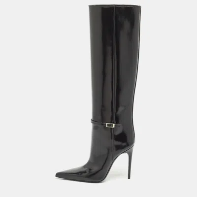Pre-owned Saint Laurent Black Glazed Leather Vendome Knee Length Boots Size 39