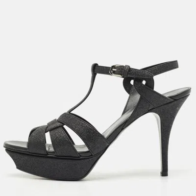 Pre-owned Saint Laurent Black Glitter And Suede Tribute Platform Sandals Size 41