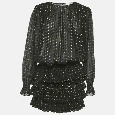 Pre-owned Saint Laurent Black Glitter Chiffon Sheer Ruffled Flocked Mini Dress M