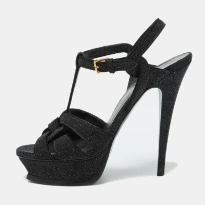 Pre-owned Saint Laurent Black Glitter Suede Tribute Platform Sandals Size 39.5