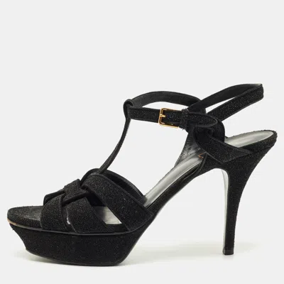 Pre-owned Saint Laurent Black Glitter Suede Tribute Platform Sandals Size 40