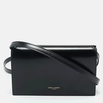 Pre-owned Saint Laurent Black Glossy Leather Flap Wallet On Chain