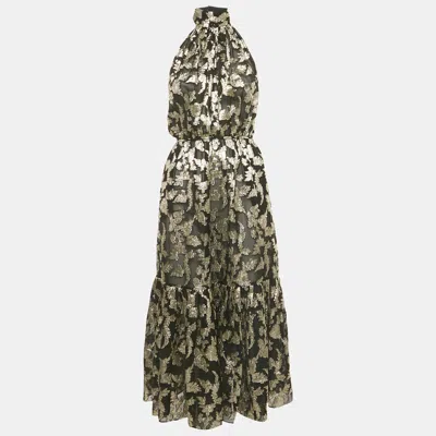 Pre-owned Saint Laurent Black /gold Fil Coupe Silk Halter Neck Midi Dress S