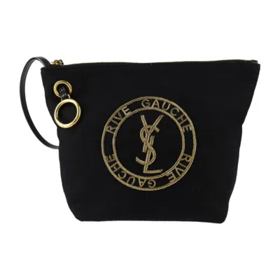 Pre-owned Saint Laurent Black Gold Wool Leather Clutch Bag Handbag Pouch ()