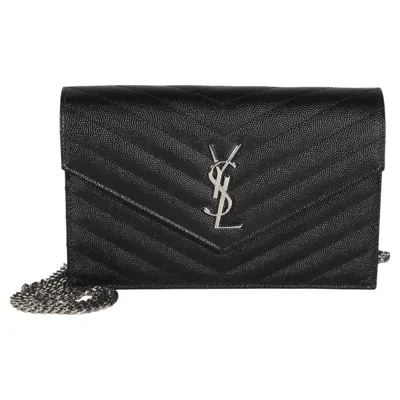 Pre-owned Saint Laurent Black Grain De Poudre Classic Cassandre Chain Wallet