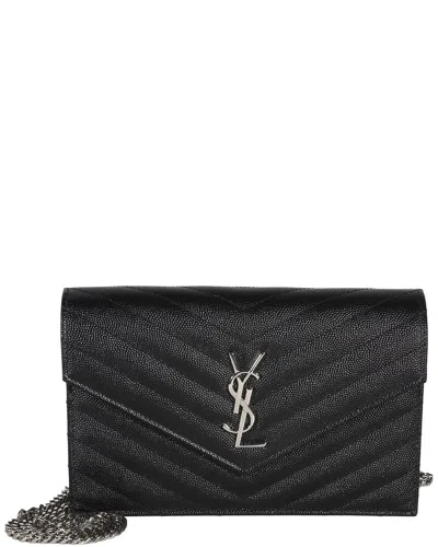 Pre-owned Saint Laurent Black Grain De Poudre Leather Classic Cassandre Chain Wallet  (authentic Pre-loved)
