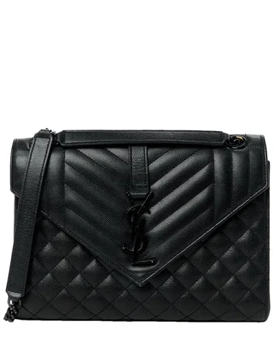 Saint Laurent Black Grain De Poudre Leather Textured Mixed Triquilt Medium  Monogram Monochrome Satc