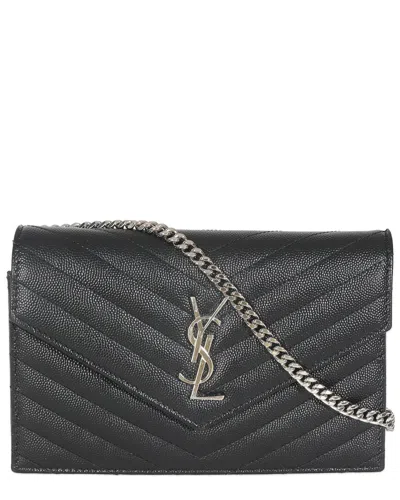 SAINT LAURENT SAINT LAURENT BLACK GRAIN DE POUDRE MATELASSE LEATHER MONOGRAM ENVELOPE CHAIN  WALLET (AUTHENTIC PRE