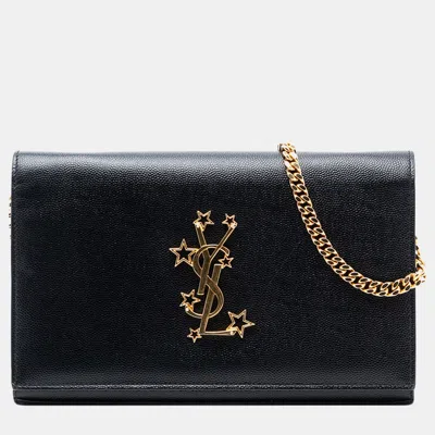 Pre-owned Saint Laurent Black Grain De Poudre Star Monogram Wallet On Chain