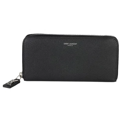 Pre-owned Saint Laurent Black Grain De Poudre Zip Around Travel Wallet