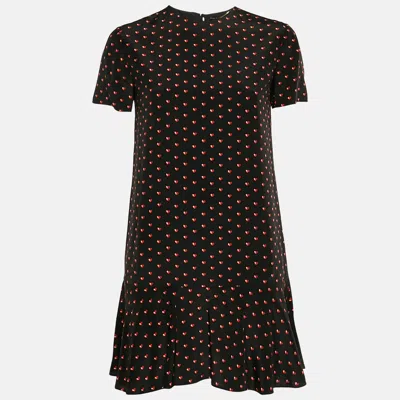 Pre-owned Saint Laurent Black Heart Printed Silk Ruffled Hem Mini Dress S