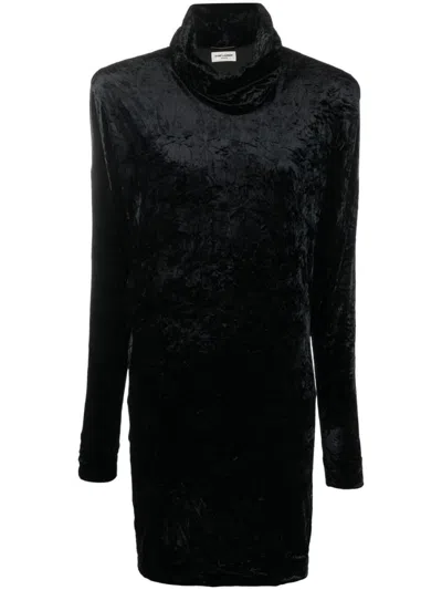 SAINT LAURENT BLACK HIGH NECK VELVET SWEATER