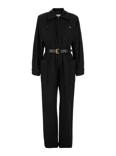 Saint Laurent Black Jumpsuit With Pockets And Belt In Cotton Woman