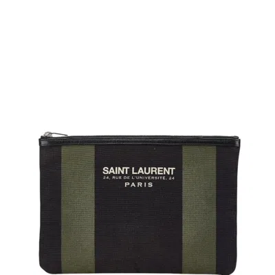 Pre-owned Saint Laurent Black Khaki Canvas Leather Clutch Bag Pouch ()