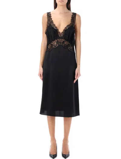 SAINT LAURENT BLACK LACE-PANEL MIDI DRESS