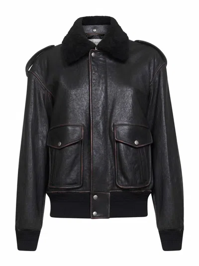 SAINT LAURENT BLACK LAMBSKIN AND SHEARLING BOMBER JACKET