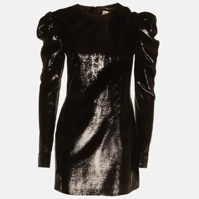 Pre-owned Saint Laurent Black Lamé Velvet Puff Sleeve Mini Dress S